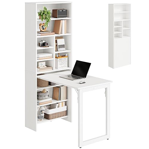 IRONCK Foldable Desk with Storage, Fold Out Murphy Desk Craft Table, White | Space Saving Wall Mounted Folding Desk, Storage Shelves, Multi-Function Desk for Small Spaces, Home Office, Dorm, Apartment