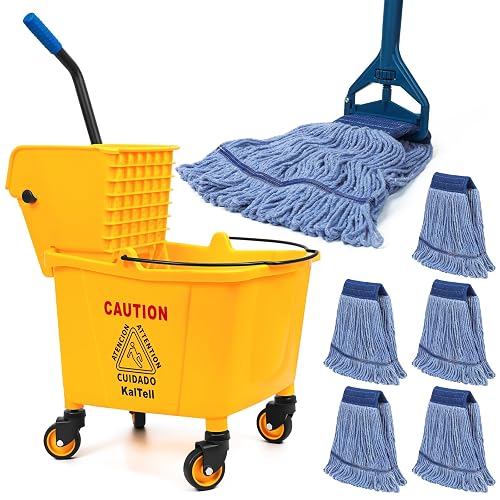 35 Qt Commercial Mop Bucket with Side Press Wringer on Wheels, Industrial Mop and Bucket Set with 6 Heavy Duty Mop Heads, Rectangular Janitorial Supplies for Restaurant, Hotel, School, Office & Home