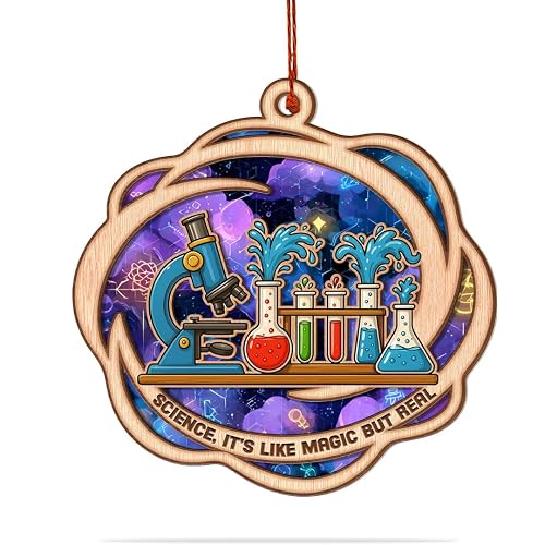Science Car Hanging Ornament, Double Layer Wood and Acrylic Lab and Chemistry Rearview Mirror Charm, Science Ornament for Classroom or Office Decor, Gift for Teacher, Scientist, and Science Lovers