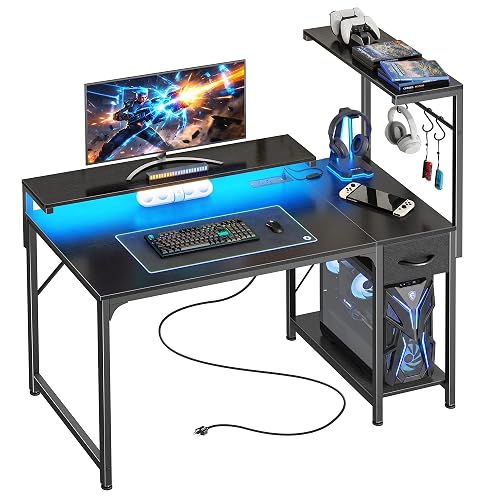 PRAISUN 39.4 Inch Gaming Desk with LED Lights & Power Outlets | Small Computer Desk with Drawer & Storage Shelves, Office Writing Desk with Monitor Stand for Work from Home, Black