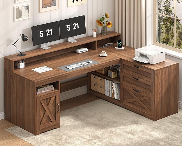 61" Farmhouse L Shaped Desk with Drawers ＆ Storage Shelves for Home Office | Home Office Desk with Storage Cabinet and Power Outlet, Brown Desk with Storage Shelves and Monitor Stand