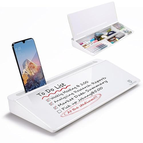 TSJ OFFICE Small Desktop Whiteboard -Glass Dry Erase Board Computer Keyboard Stand White Board Surface Pad with Drawer, Desk Organizers with Accessories for Office, Home, School Supplies - White