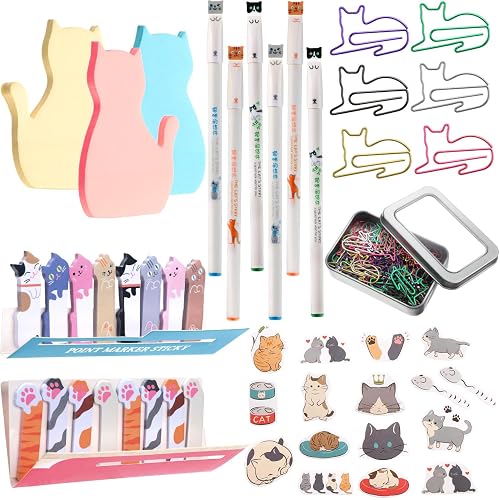 Outus 72pcs Cat Office Supplies, Sticky Notes Pens Paper Clips, Cute Style | Cat Lover Gifts for Women, Cartoon Stickers Pink Pads Gold Paw Clips, Office Desk Supplies Party Favor Decoration