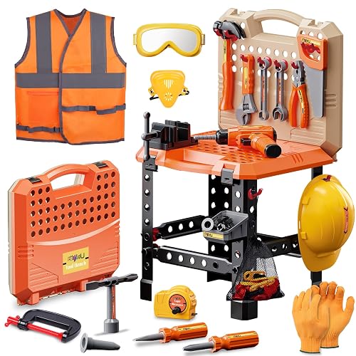 Magic4U Kids Tool Bench, Toddler Pretend Play Construction Toys for Age 3-8 | 95pcs tool set, 13 real tools, electric drill, safety vest, hat, goggles, develop fine motor skills and hand-eye coordination