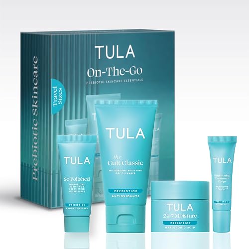 TULA On-The-Go Best Sellers Travel Skincare Kit, 4-Piece Discovery Set | Facial Cleanser, Day & Night Moisturizer, Sugar Scrub & Vitamin C Serum for balanced, glowing & radiant skin on the go.