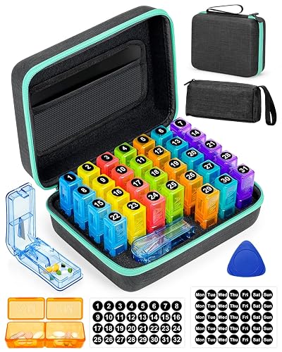 YONLOG Monthly Pill Organizer 2/3 Times a Day, with Portable Hard Shell, Pill Cutter, 31-Day Box, Plastic Opening Pick, Monthly & Weekly Stickers, Medication Management (Green, 2 Times a Day)