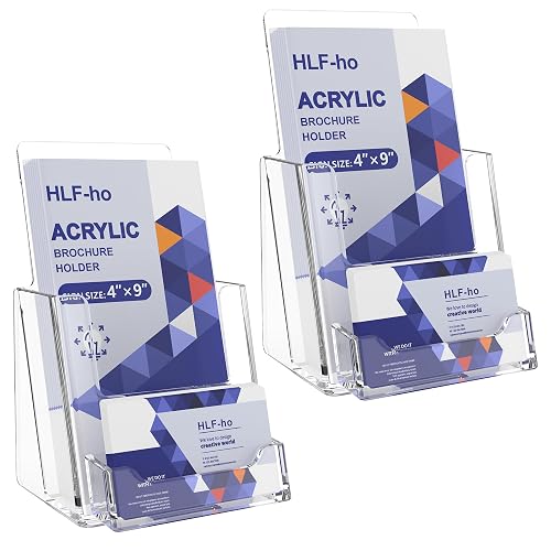 HLF-ho Brochure Holder 4x9 Inch Acrylic Literature Holders Clear Flyer Display Stand with Business Card Slot Pamphlet Holder Multi Purpose Organizer for Office, Lobby, Hotels, Trade Shows, 2 Pack
