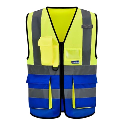 A-SAFETY Reflective Construction Vest, Radio Loop, Zipper, Yellow/Blue, XS | Yellow/Blue XS work vest with reflective strips and 7 pockets for equipment teams and assembly lines; 21 color options.