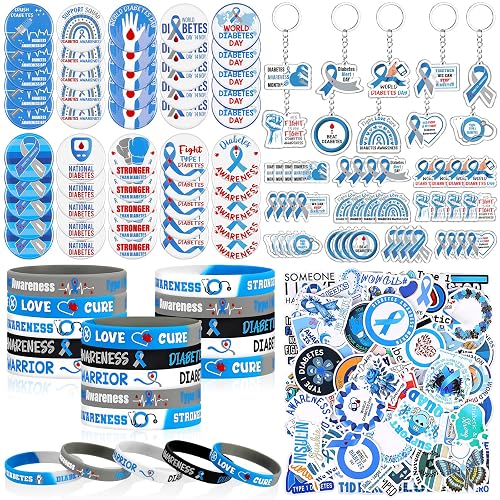 50Sets Diabetes Awareness Items Gifts Diabetes Prevention Bracelet Keychain | Diabetes Lapel Brooch Pin Inspirational Sticker Keychain for Awareness Month Supplies Charity Event Survivor