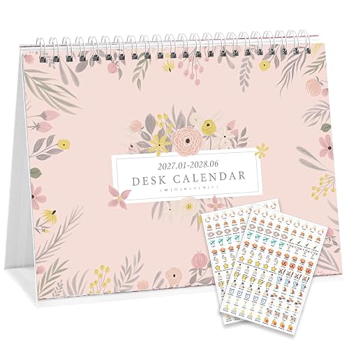 Mokani Small Desk Calendar 2027-2028, Desktop Calendar Jan.2027-Jun.2028 | 18 Months Academic Flip Standing Calender with Stickers & US Holidays Marked (8"x6")