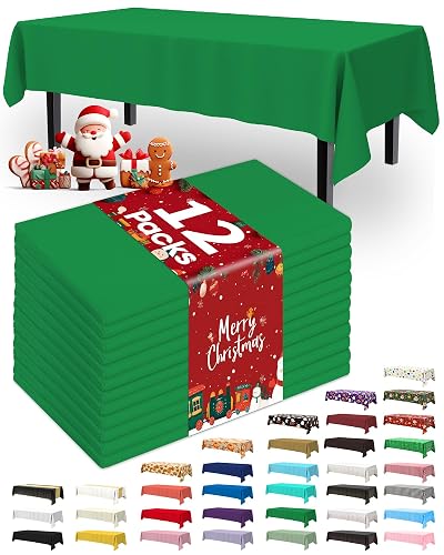 Pureegg Plastic Table Cloth Disposable 12 Pack, 54 x 108 Inch Table Cloths, St Patricks Day, Christmas Decorations, Tablecloths, Rectangle, Forest, Emerald, Plastic Cover, Leakproof & Sturdy, Green