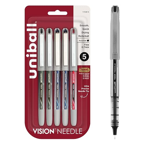 uniball Vision Needle Rollerball Pens, Fine Point (0.7mm), Assorted Colors, 5 Pack