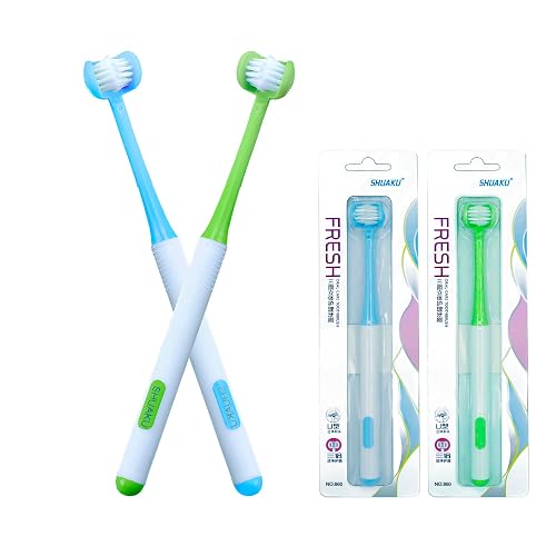 CMHX 3 Sided Autism Toothbrush 360° Oral Teeth Cleaning Design U-Shaped Toothbrush 2 PCS Adult Soft Bristles Soft and Gentle for Complete Tooth and Gum Care (Blue + Green)
