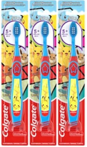 Colgate Pokémon Toothbrush with Suction Cup, for Chiildren 5+ Years Old, Extra Soft (Colors & Characters Vary) - Pack of 3