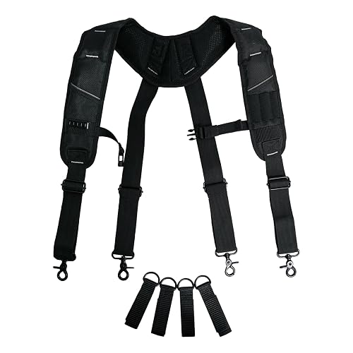 KUNN Tool Belt Suspenders, Padded 4-Point Work Suspender for Men | Heavy Duty Adjustable Tool Pouch Suspenders for Carpenter Construction Electrician, Black