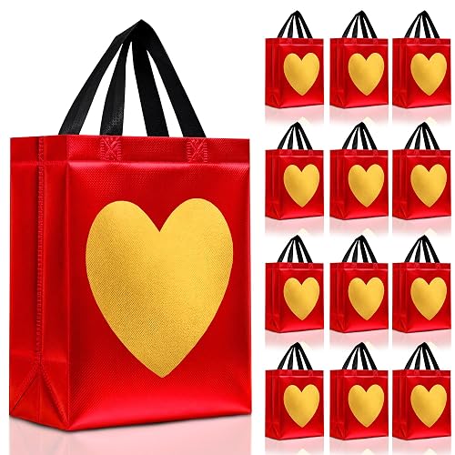 Nush Nush 12-Pack Reusable Medium Red Gift Bags with a Shiny Gold Heart | 8 x 4 x 10-inch bags with black handles for small or medium gifts on Valentine's Day, Christmas, anniversaries and birthdays