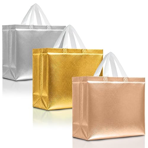 Nush Nush Set of 15 Reusable Large Gift Bags with Handles, Assorted Colors | 13 x 5 x 11-inch reusable shiny bags—5 silver, 5 rose gold and 5 gold—for weddings, birthdays, holiday parties and events