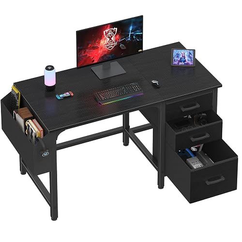 Lufeiya Computer Desk with File Drawers Cabinet, 47 Inch Reversible Home Office Desks with Filing Cabinet for Small Space, Gaming Study Writing Table PC Desks, Black