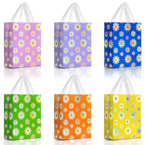 Nush Nush Colorful Daisy Gift Bags with Handles Medium Size - Flower Gift Bag Set of 12 in 6 Vibrant Colors with Iridescent Holographic Print - Reusable Party Bags for Girls, Birthday, and Party Favors