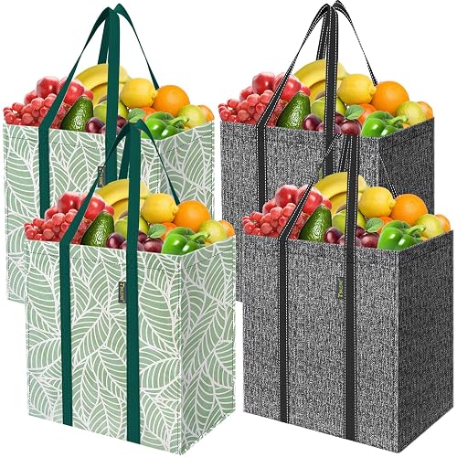 BALEINE 4 PK Grocery Bags Reusable Shopping Bags with Reinforced Bottom, Heavy Duty Foldable Tote Bags (Combo)