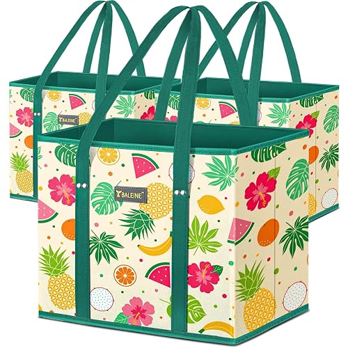 BALEINE 3PK Reusable Grocery Bags, Heavy Duty Shopping Tote Bag | 12'' Long Handles, Reinforced Bottom Keeps Upright, Fold Flat Storage, Water-Resistant Shopping Bag, Multiple Color Options
