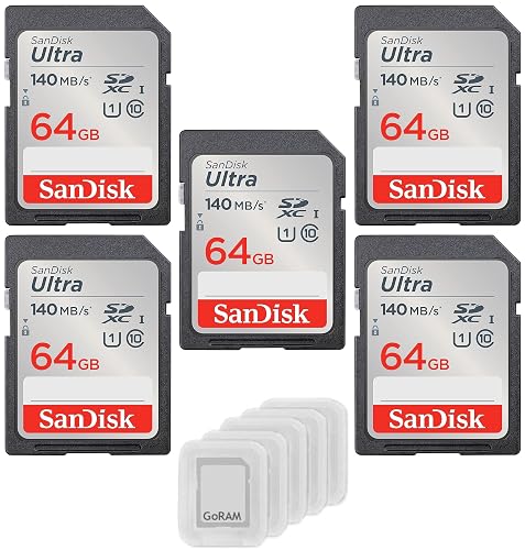 SanDisk 64GB Ultra SDXC 140MB/s SDSDUNB-064G (5 Pack) SD Card Bundle | with (5) GoRAM Plastic Cases – U1, C10, Full HD, Camera Card