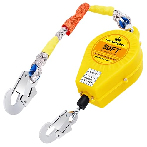 RupXinSplend Fall Arrester Protector Self Retractable 50FT Fall Protection Gear Double Locking, Dual PPE+Alloy Steel housing Heavy Duty Lifeline Safety Lanyard Rope Cable Wire Roofing Construction
