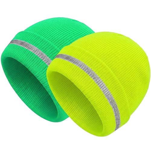 Geyoga 2 Pack Reflective Beanie Hats, High Visibility | Safety Hat with Reflective Strip for Night Running, Outdoor Work, Cycling, Warm and Knit Design for Roadside Workers, Joggers