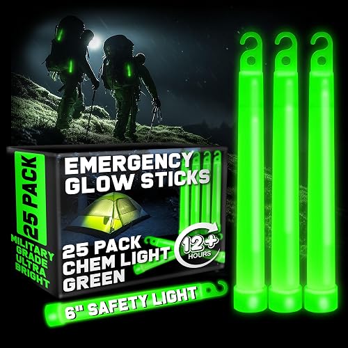 PartySticks Green Glow Sticks Emergency Chem Lights (6", 25 Pack) Military Grade 12 Hour Bulk Tactical Light Sticks for Survival Gear, Camping, Power Outages, Halloween