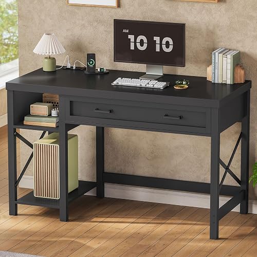 SEDETA 40" Farmhouse Small Desk with Drawers for Small Space, Bedroom | Computer Desk with Storage Shelves, Writing Desk for Small Space and Power Outlet, Desk for Home Office, Black