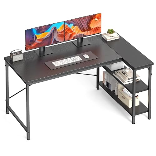 DUMOS 47" L Shaped Gaming Desk, Corner Desks with Storage Shelves, Black | Home Office Working Computer Desk, Writing Study PC Table with Reversible Layout, Bedroom Dorm