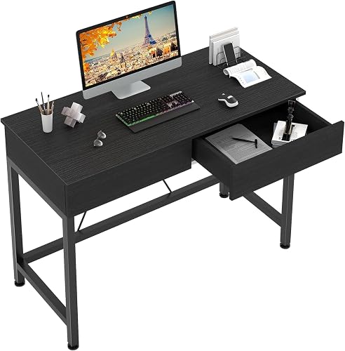 39.4 Inche Small Computer Desk with 2 Drawers | Wooden Writing Desk with Storage, Compact Study Desk for Home Office, Makeup Vanity, Black