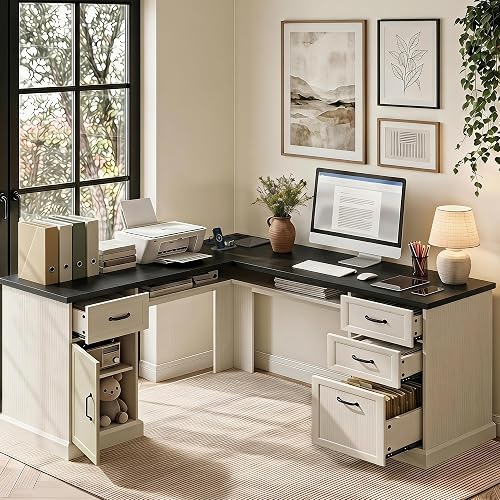 Ball & Cast L Shaped Executive Desk with Storage, 4 Drawers, Black & White | Home Office Desk with 4 Drawers, Storage Shelf, Charging Station and File Cabinet for Work, Study and Computer Use