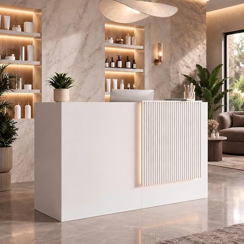 79" Modern Reception Desk with Counter, LED Lights, Power Outlet, White | Matte finish, double-layer top, lockable drawer, cabinet storage, front desk for office and salon