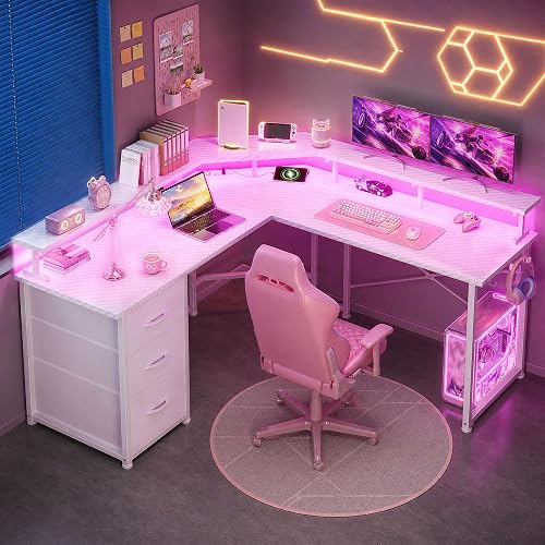 DurayLoly 48“ Computer Desk with 3 Drawers&Power Strip,LED Lights&Side Hook | L Shaped Gaming Desk with 5.9"H Monitor Shelf,X-shaped Steel Frame,Dual Workspace Design for Small Spaces,Dorm,Office,White