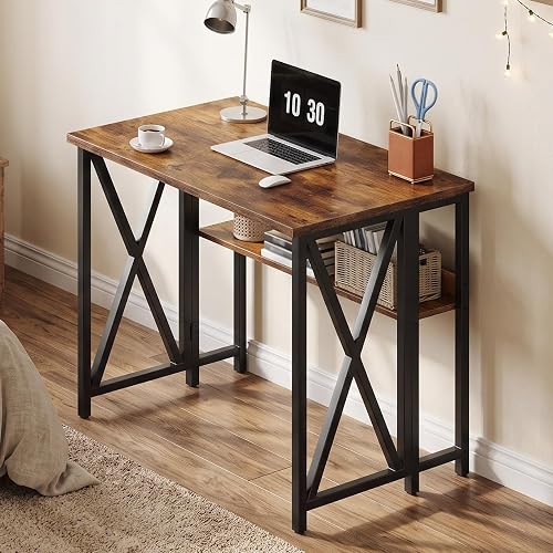CHOEZON Folding Computer Desk with Storage, Rustic Brown and Black | Foldable Desk with Lower Shelf and Adjustable Feet, for Bedroom, Home Office TDN04BF