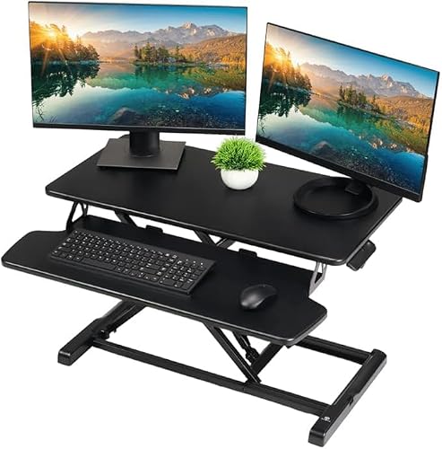 TechOrbits Black 36 in Standing Desk Converter, OF-S06-2 | Adjustable Sit to Stand Up Desk Workstation, MDF Wood, Ergonomic Desk Riser with Keyboard Tray, Desktop Riser for Home Office