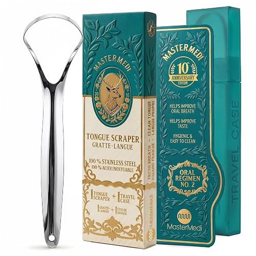 MasterMedi Tongue Scraper for Adults, 100% Stainless Steel Tongue Scrubber for Bad Breath, Easy to Use, Tongue Cleaner for Oral Care & Hygiene (SPTC-1|with Case)