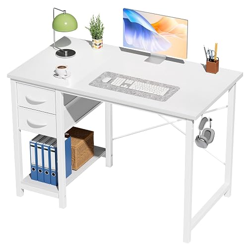 DUMOS 40 Inch Small Computer Desk with Drawers and Side Hook, White | Office Desk for Bedroom, Modern Simple desk with storage for Study Work and Writing