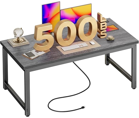 Huuger 55 x 24 inch Desk with Power Outlets & 0.95 Inch Thicker Desktop | Robust Metal Tubes, USB-C, Computer Desk, Heavy Duty Office Desk, Work Gaming Desk for Home Office, Grey