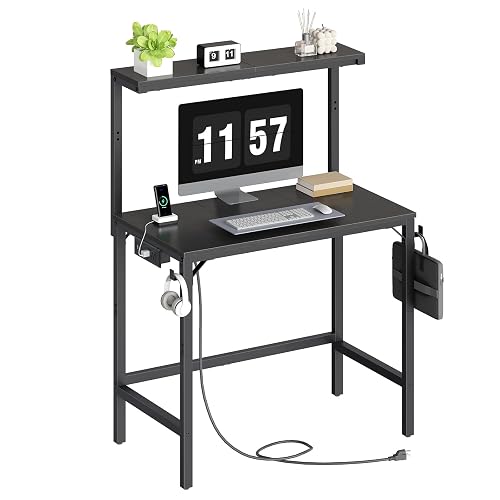 HOOBRO Small Computer Desk, 28.3" Desk for Small Spaces, Home Office Desk with Power Outlet & Adjustable Monitor Stand, Compact Desk with Storage, Writing Table for Bedroom, Office, Black BB38UDN01
