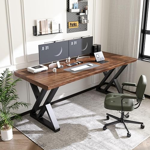 SXXjiaju Solid Wood Desk 71 Inches, Live Edge Wooden Home Office Computer Desk Metal Frame Modern Simple Design Executive Real Wood Desk for Writing Study Dining Gaming