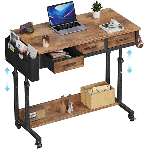 WINAZ Rolling Standing Desk Adjustable Height with Drawers on Wheels, 40 Inch Portable Mobile Stand Up Computer Desks for Bedroom Home Office, Couch Sofa Side Laptop Table with Storage, Rustic Brown