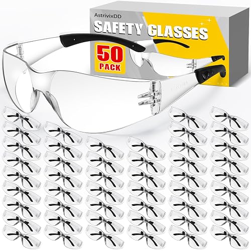 50 Pack Clear Safety Glasses for Men Women,Scratch & Impact Resistant | Safety Glasses Bulk,Clear Eye Protection Glasses with Wrap-Around Lenses for Work, Lab, Construction, Lightweight