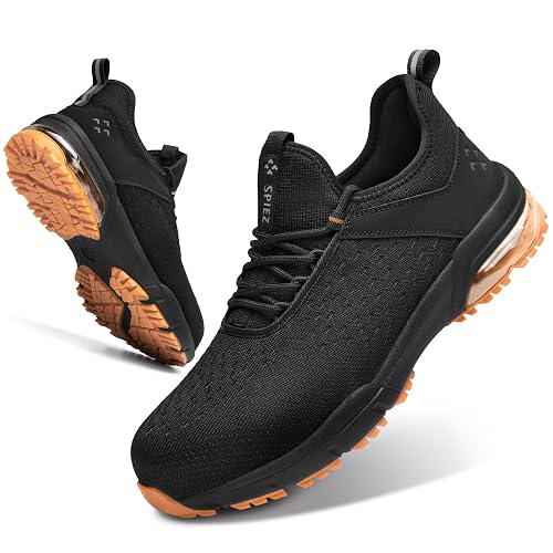 SPIEZ Safety Shoes for Men Women - Air Cushion Non-Steel Composite Toe, Lightweight Fashion Sneaker Design,Slip-On with Adjustable Laces, All-Day Protection, Black Orange US 6-13.5