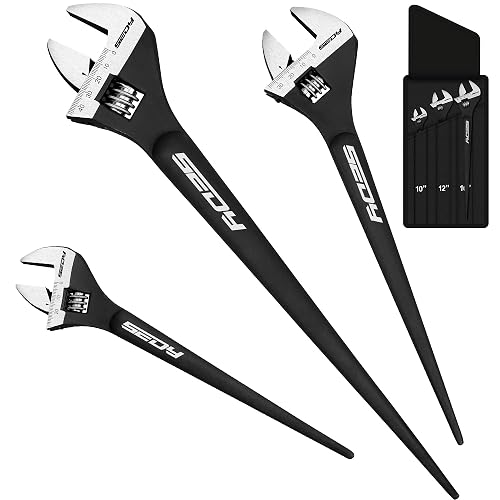 3-Piece Adjustable Spud Wrench Set, 10-inch, 12-inch, 16-inch, SAE and Metric Scale Marked, CR-V Steel with Black Oxide Finish