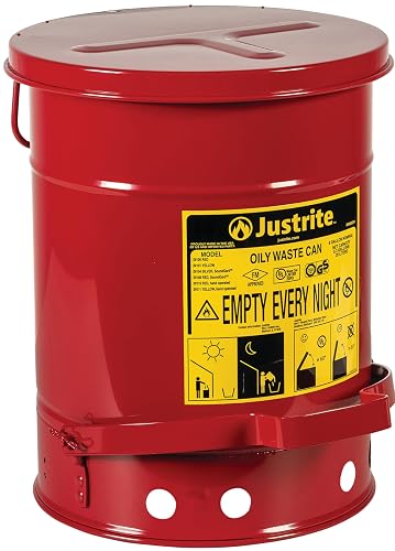 Justrite 6 Gallon Galvanized Steel Oily Waste Can | 16" x 12" Metal Oil Rag Safety Can With Foot Operated Self-Closing Lid for Oil Rag Disposal, Made in the USA, Red, 09100