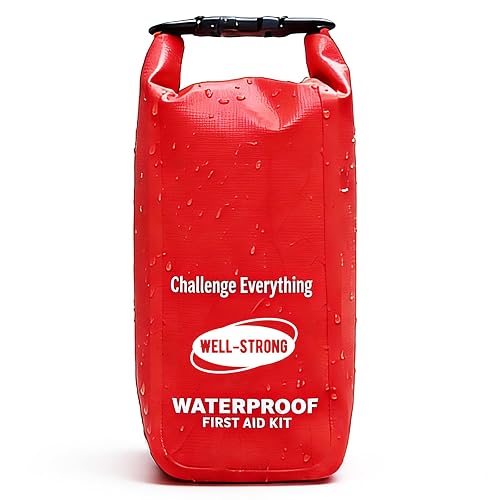 WELL-STRONG Waterproof First Aid Kit Roll Top Boat Emergency Kit with Waterproof Contents for Fishing Kayaking Boating Swimming Camping Rafting Beach Red | Compact 500D PVC Safety Kit, Emergency Medical Bandages, Pads, Buckle Design for Boating Fishing Kayaking Floating 3"×4"×11"