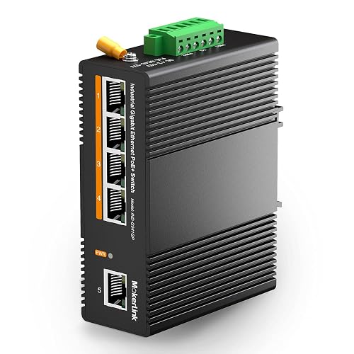 MokerLink 5 Port PoE Gigabit Industrial DIN-Rail Ethernet Switch, 14Gbps Switching Capacity, IP40 Rated Network Switch (-40 to 185°F), with UL Power Supply
