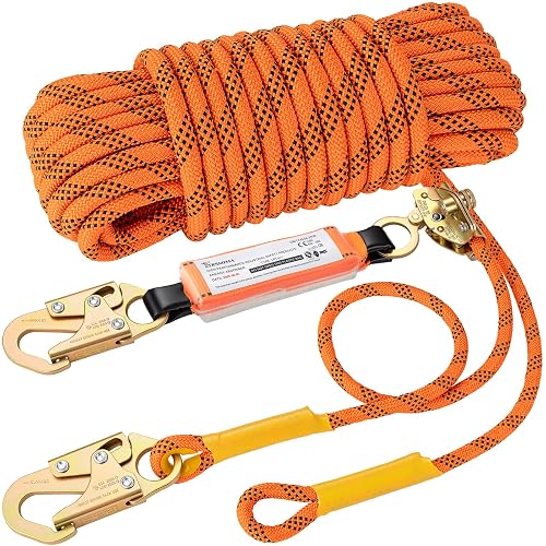 TRSMIMA Roofing Fall Protection Rope - 50ft Safety Rope for Roofing | Fall Protection Rope Heavy Duty Harness Safety Lanyard with Grab Snap Hook for Roof Work Construction